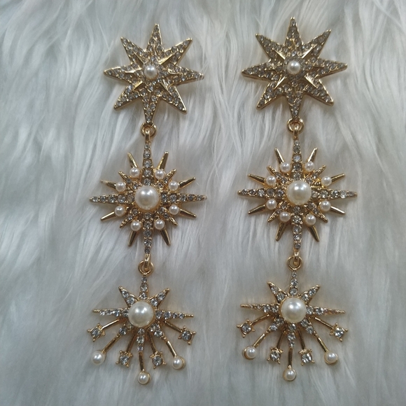 Gold Pearl Crystal Star Burst 3 Tier Drop Earrings - Picture 7 of 11